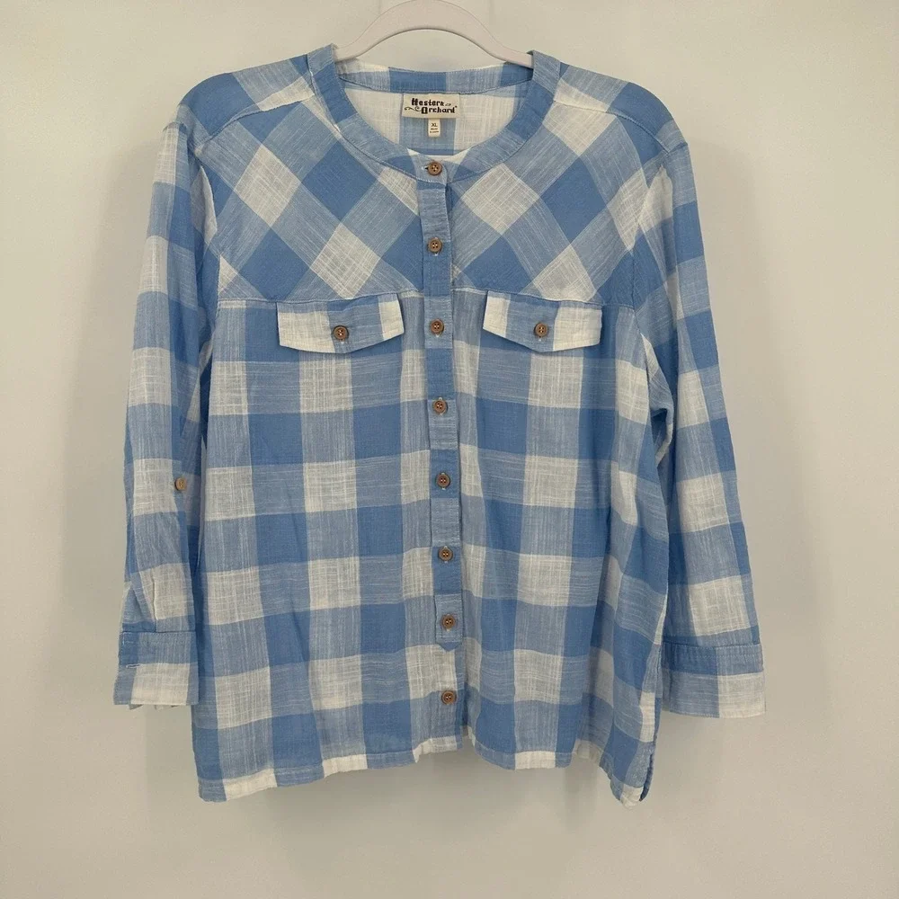 Womens Cottagecore Gingham Top Size XL Cotton Picnic Farmhouse Minimalist Blue - Picture 1 of 8